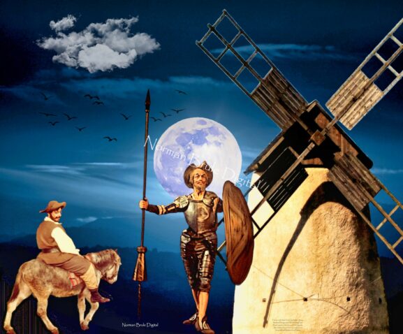 Sancho and Don Quixote on a moonlit evening