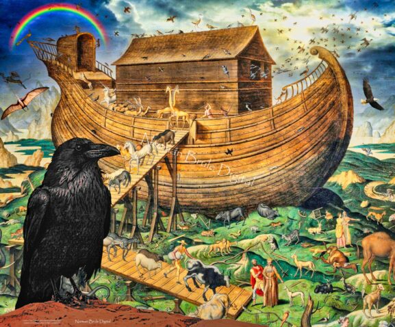 A raven watches as the animals disembark from the ark